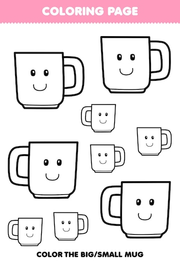 Premium vector education game for children coloring page big or small picture of cute cartoon mug line art printable tool worksheet