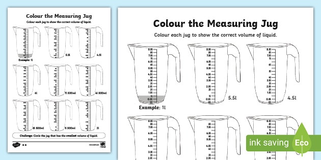Colour the measuring jug litres differentiated worksheet