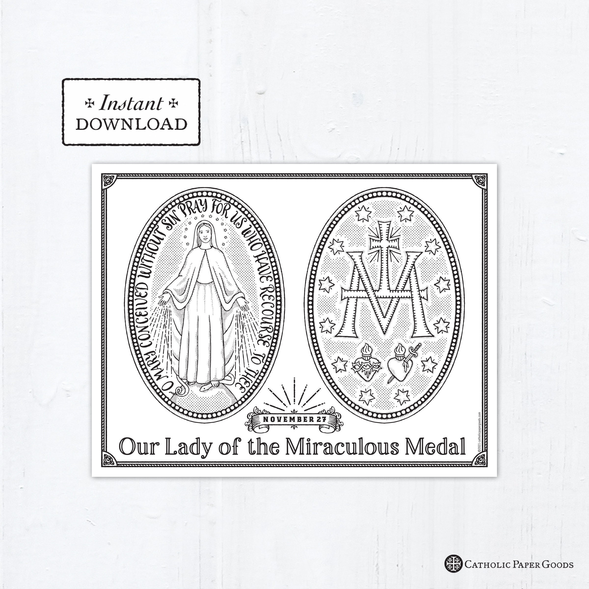 Catholic coloring page our lady of the miraculous medal catholic marian coloring page printable coloring page digital coloring page pdf download now
