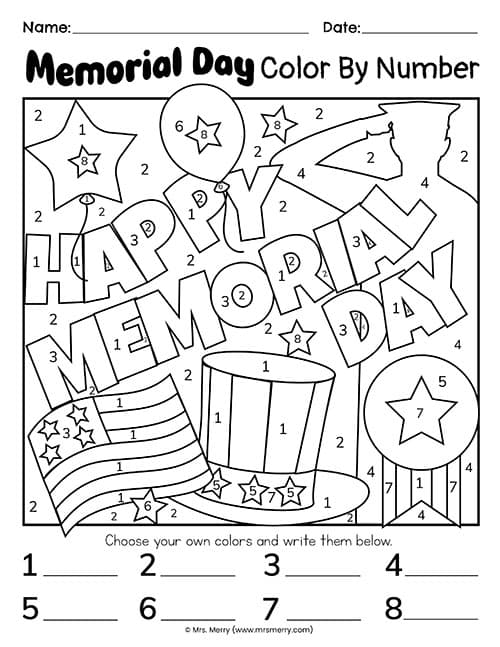 Memorial day color by number free printable mrs merry