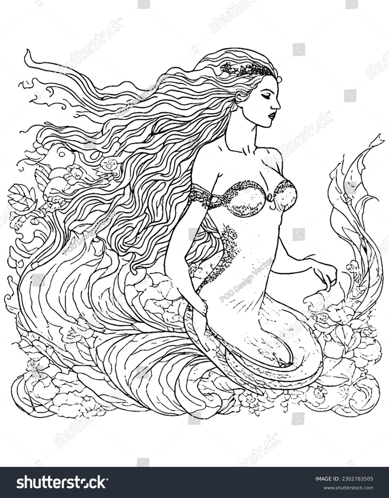 Printable mermaid coloring page beautiful line stock vector royalty free