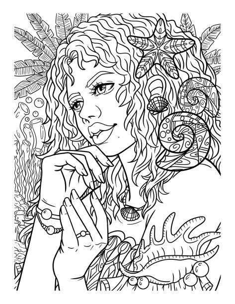 Afro american mermaid adult coloring page stock illustration