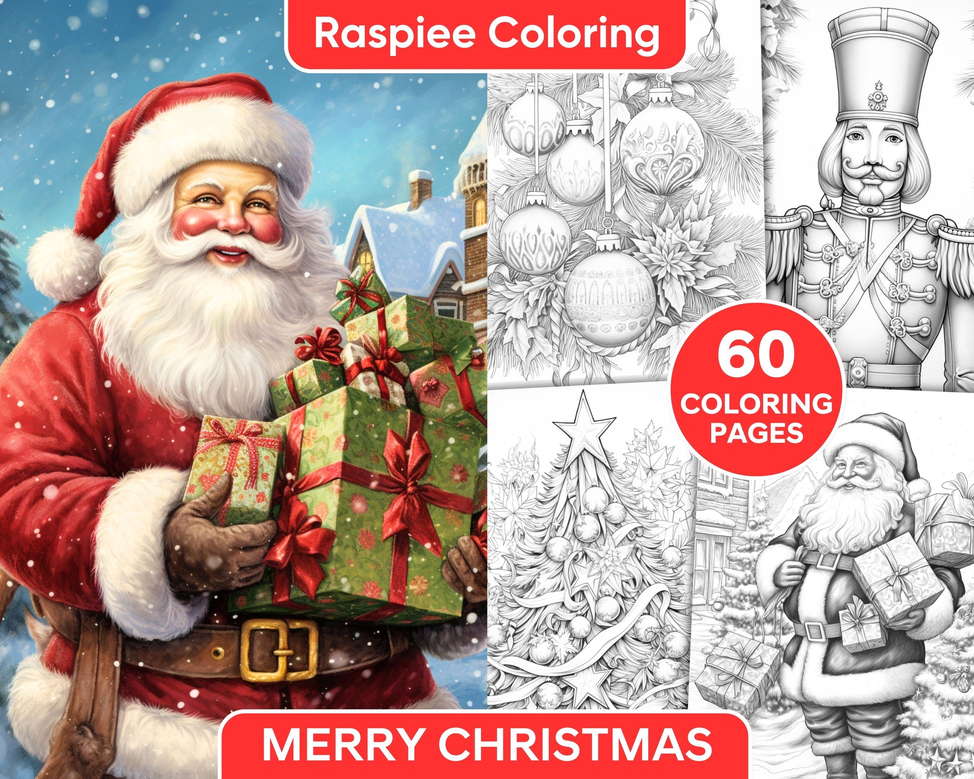 Merry christmas grayscale coloring pages printable for adult holid â coloring