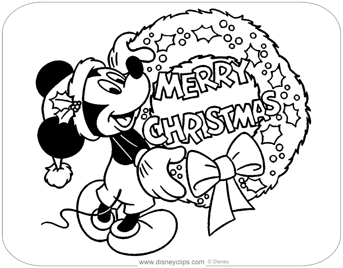 Coloring page of mickey mouse holding up a christmas wreath mickeymouse chrâ mickey mouse coloring pages merry christmas coloring pages mickey coloring pages