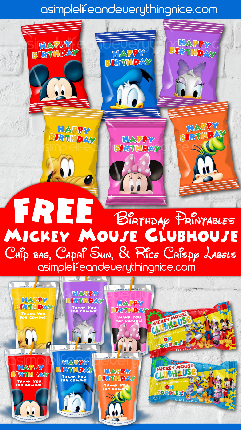 Free mickey mouse clubhouse birthday chip bag labels rice krispy treat wrappers and capri sun printable labels