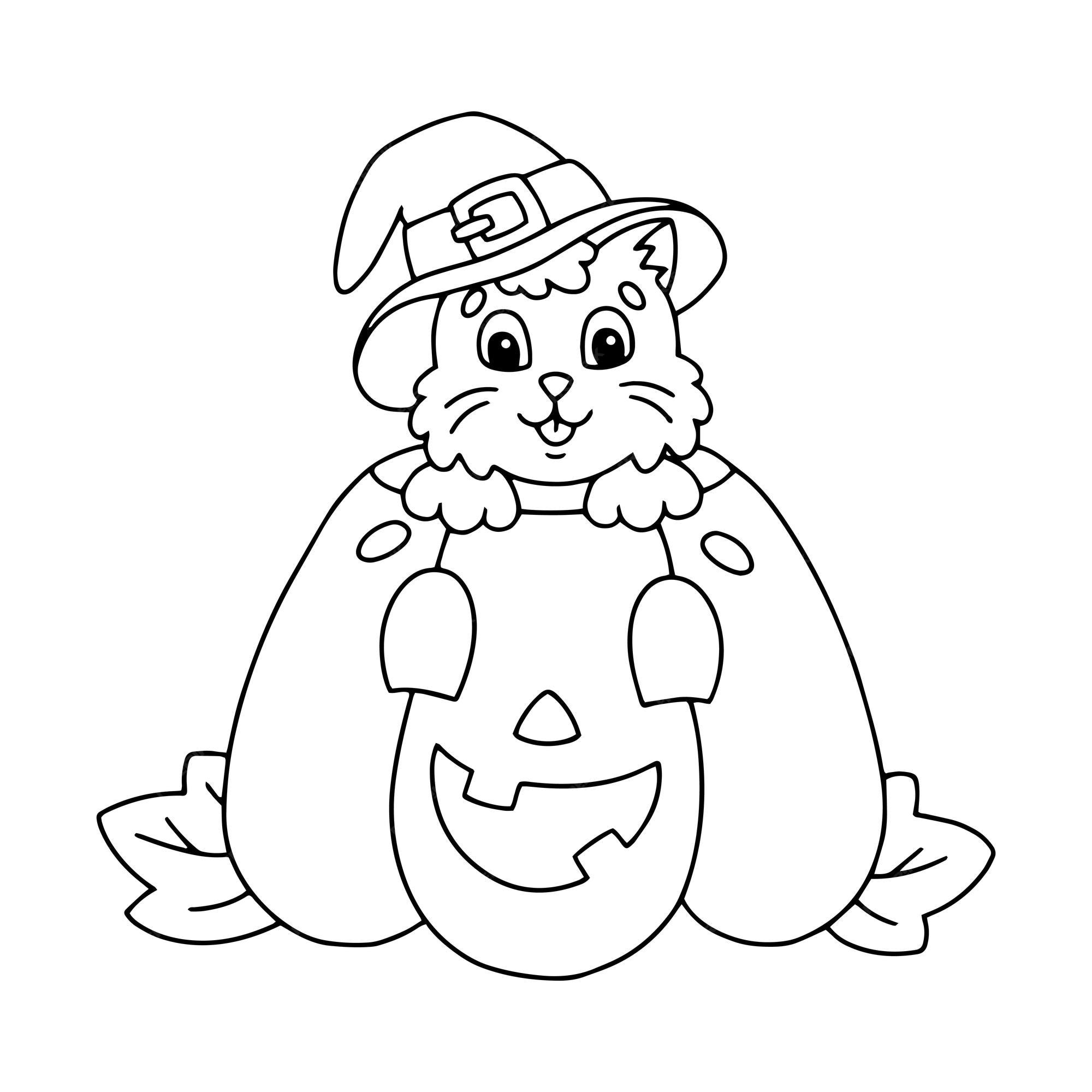 Premium vector a funny cat in a hat sits in a pumpkin coloring book page for kids halloween theme cartoon style character