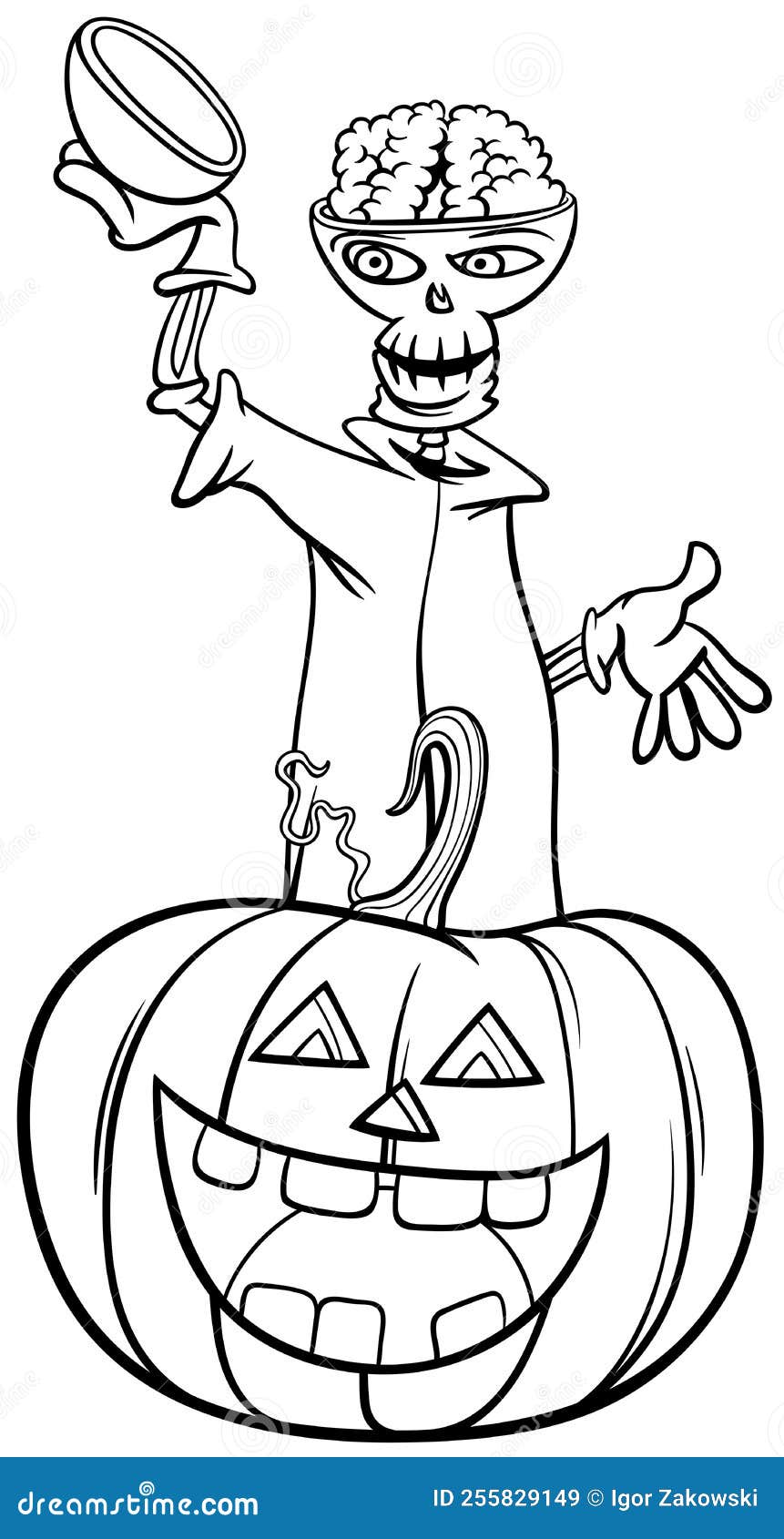 Cartoon skeleton with halloween pumpkin coloring page stock vector