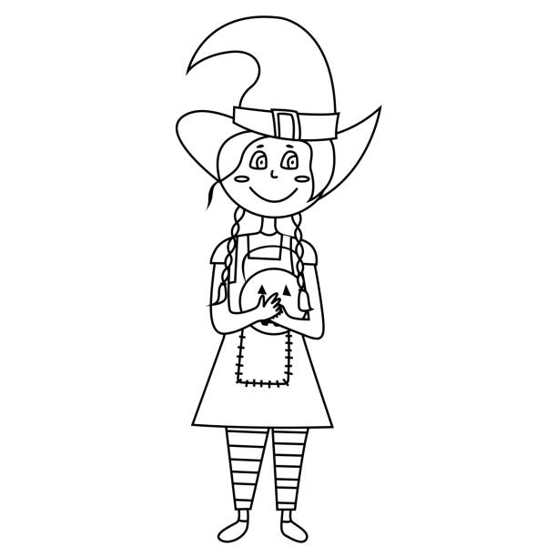Coloring page halloween kid girl character happy halloween girl hold pumpkin coloring book vector illustration for children stock illustration