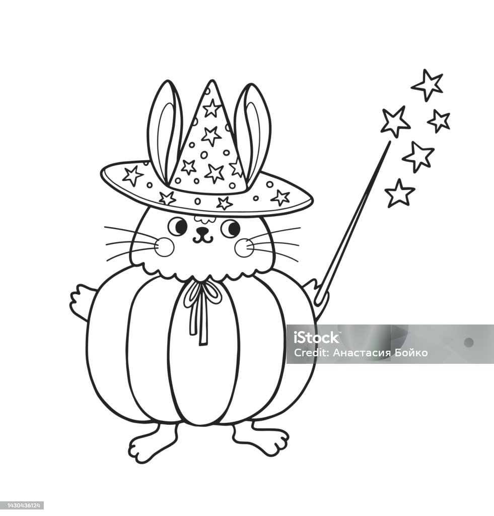 Cute rabbit outline cartoon character bunny wearing pumpkin halloween costume holding magic wand coloring book page template for kids and children doodle print vector contour illustration stock illustration