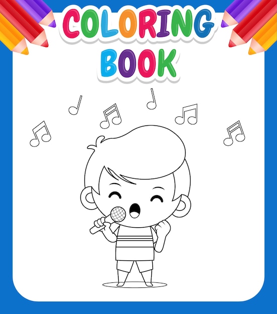 Premium vector coloring book for kids expressive singing boy with microphone in hand