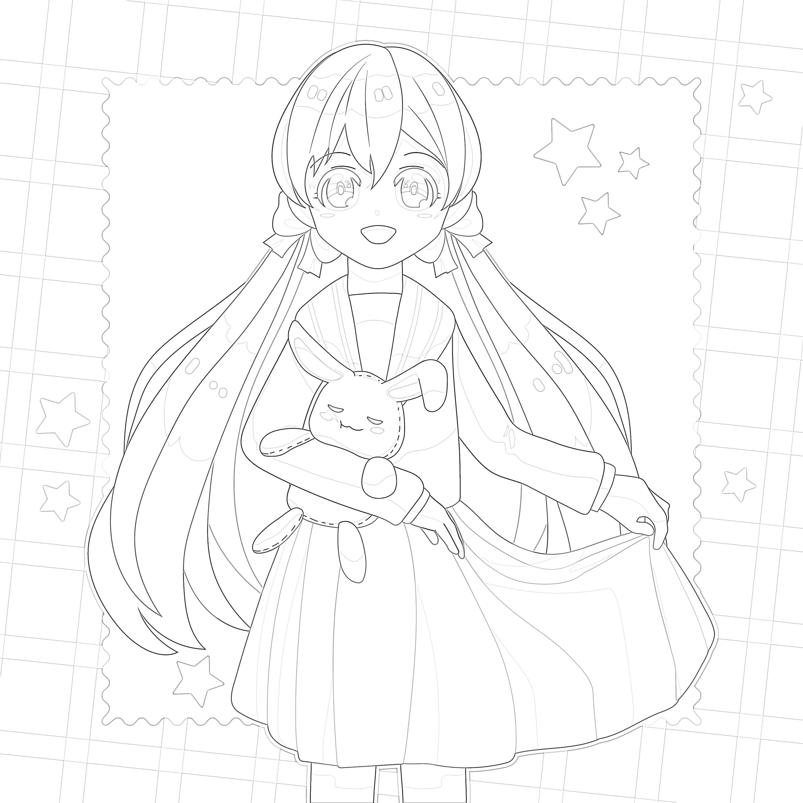 Printable anime girl with toy rabbit coloring page