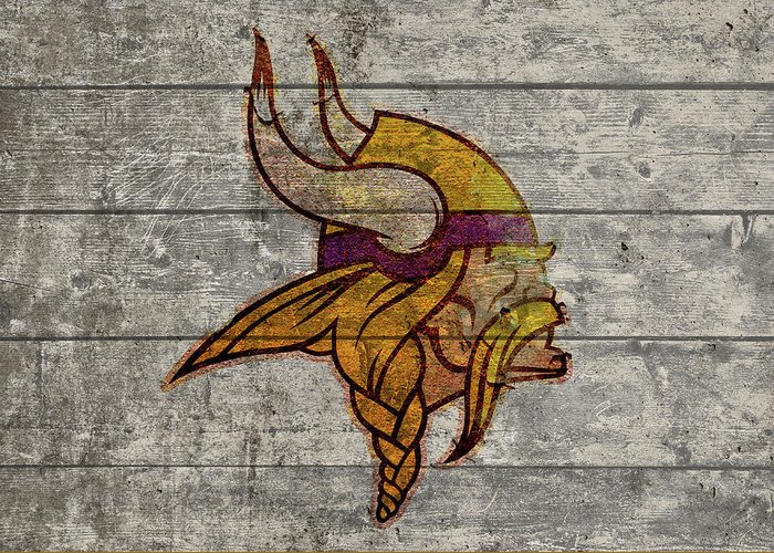 Minnesota vikings logo vintage barn wood paint greeting card by design turnpike