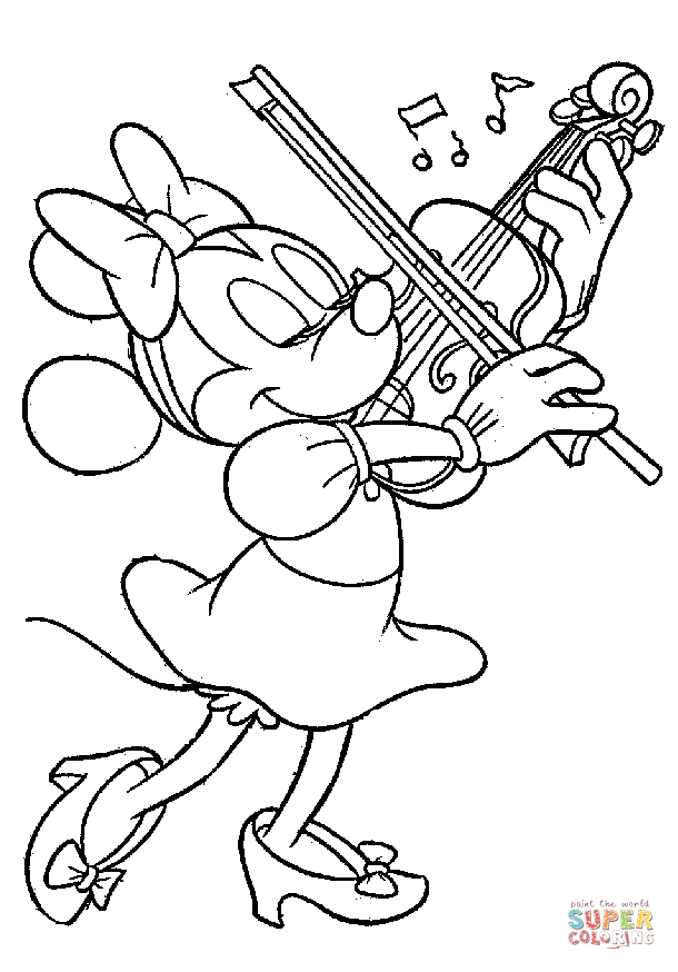 Minnie mouse is playing the violin coloring page free printable coloring pages