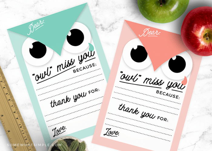 Owl miss you teacher cards free printable somewhat simple