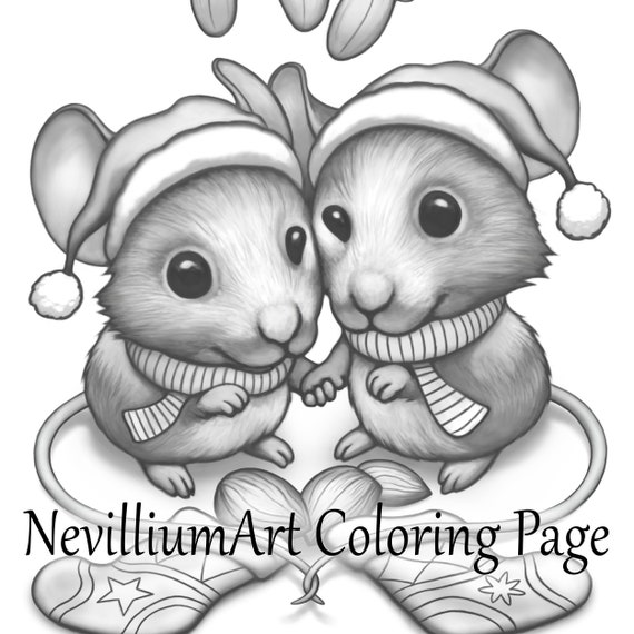 Mistletoe mice christmas grayscale coloring page nevilliumart instant download printable jpeg pdf files