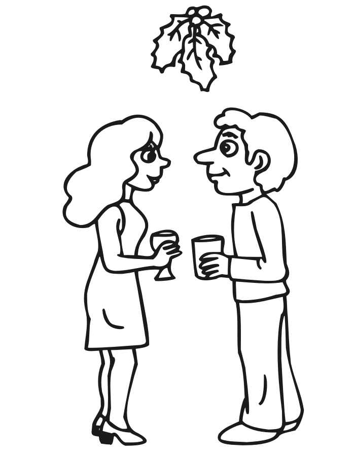 Christmas coloring page couple under mistletoe