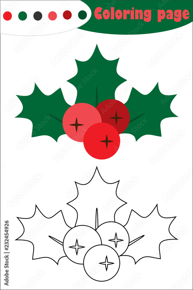 Mistletoe berry holly in cartoon style christmas coloring page education paper game for the development of children kids preschool activity printable worksheet vector illustration vector
