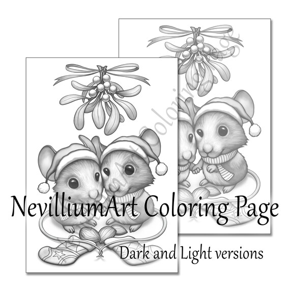 Mistletoe mice christmas grayscale coloring page nevilliumart instant download printable jpeg pdf files