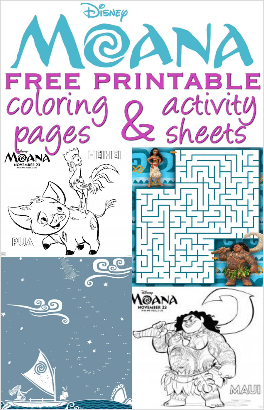 Moana coloring pages and activity sheets