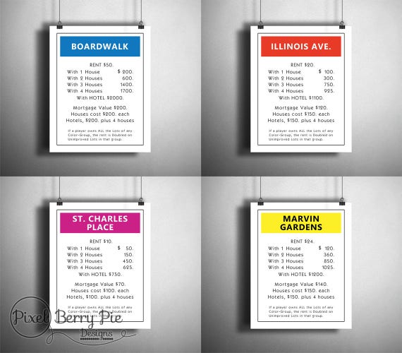 Digital download original monopoly property printable artwork file game room wall art family board game printables