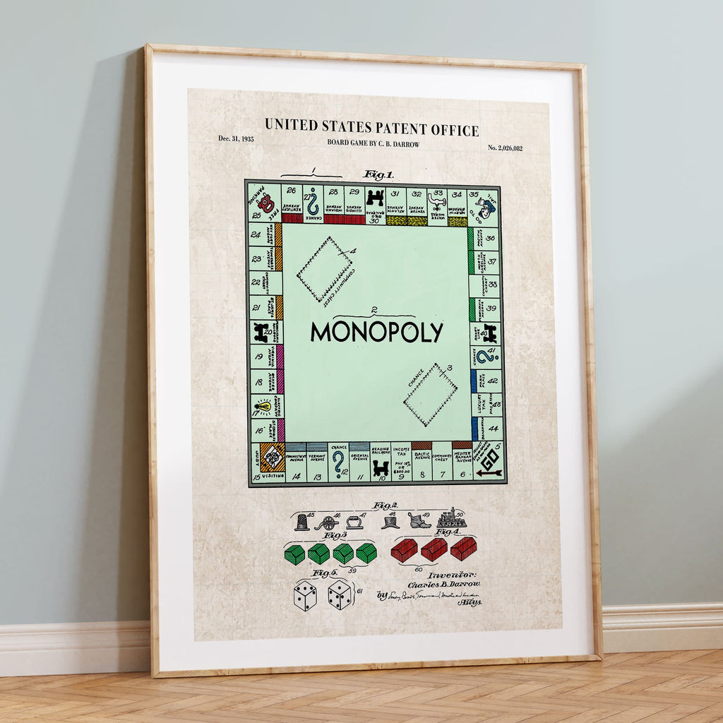 Monopoly board game patent wall art colorized and design options â publishing