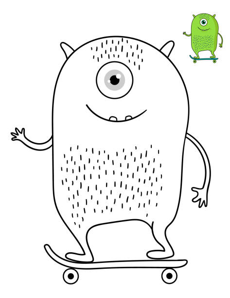 Cute cartoon monster coloring page and color sample ready to print letter size stock illustration