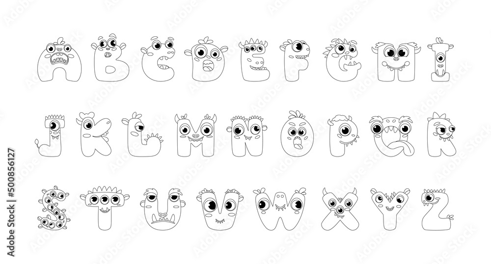 Monster alphabet coloring page book coloring page english alphabet for children with funny and sad monsters funny alphabet of cartoon characters vector font letters of ic monster creature faces vector