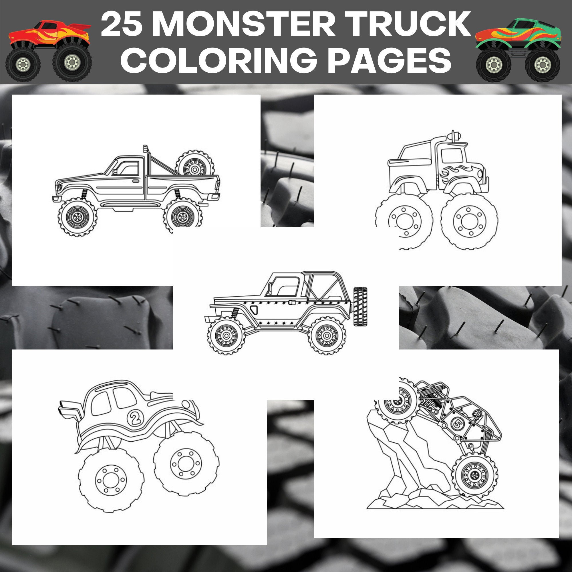 Monster truck coloring pages bundle monster truck printables monster truck coloring sheets kids truck coloring pages instant download