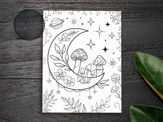 Moon coloring page printable magic mushrooms coloring page digital coloring stars flowers celestial coloring nature coloring adult coloring