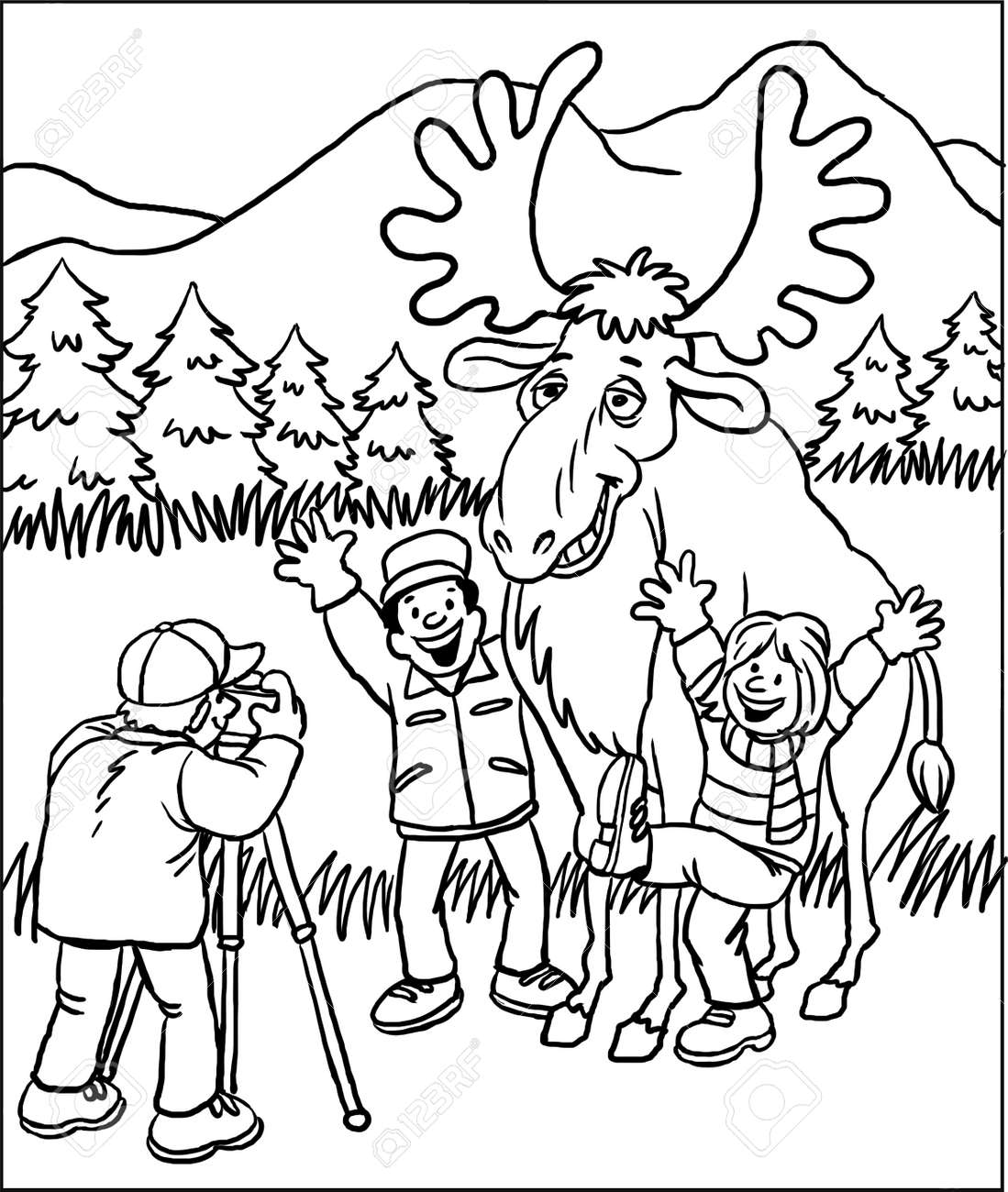 Coloring page of children and moose stock photo picture and royalty free image image