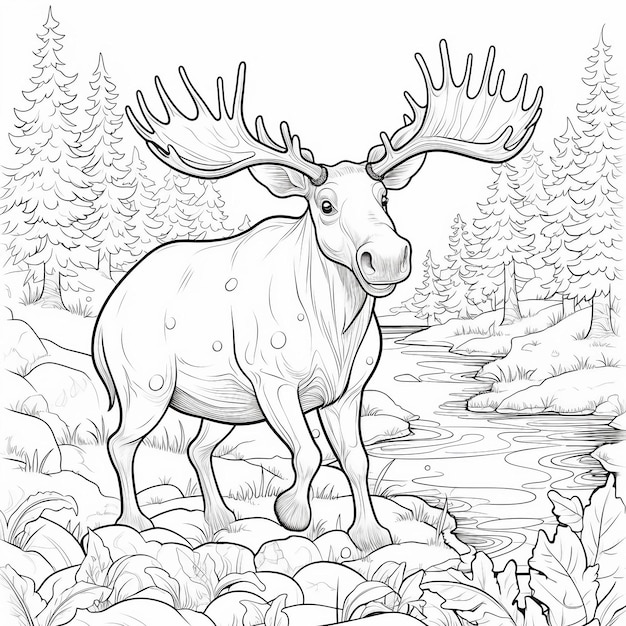 Premium ai image moose coloring page tranquil nature scene with majestic wildlife