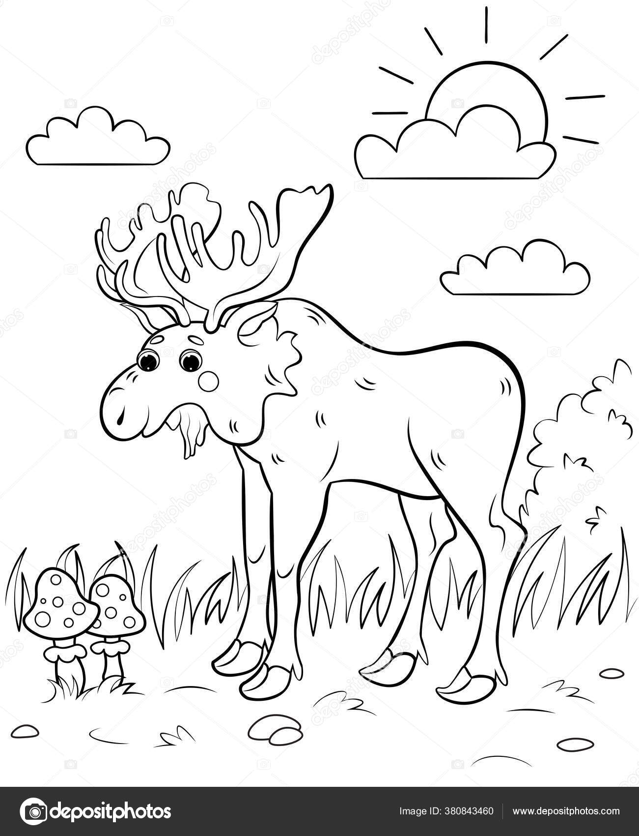 Coloring page outline cute cartoon moose vector image forest background stock vector by elenaparshina