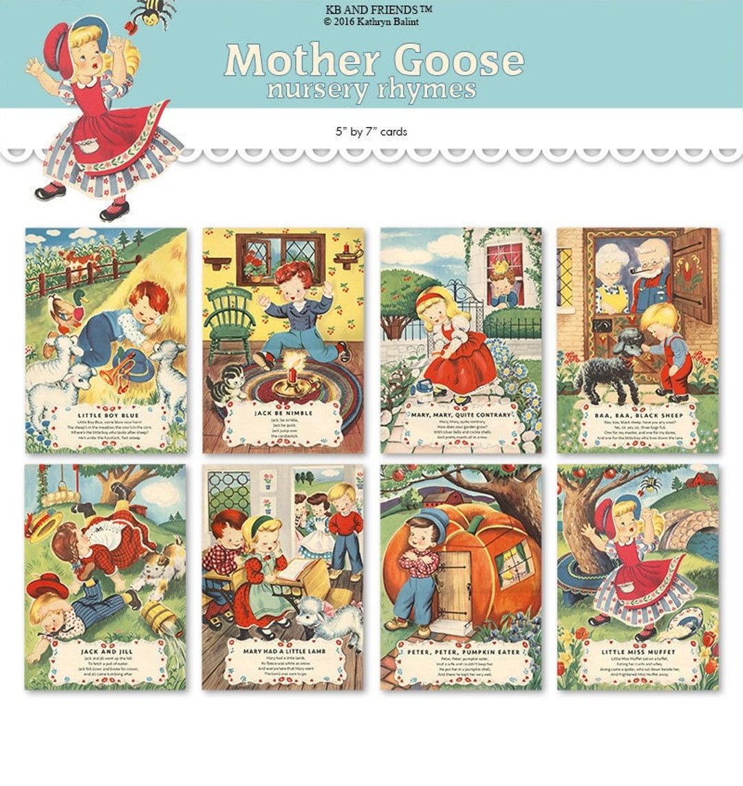 Nursery rhyme cards printable mother goose wall hangings eight by wall art digital prints wall decor flashcards