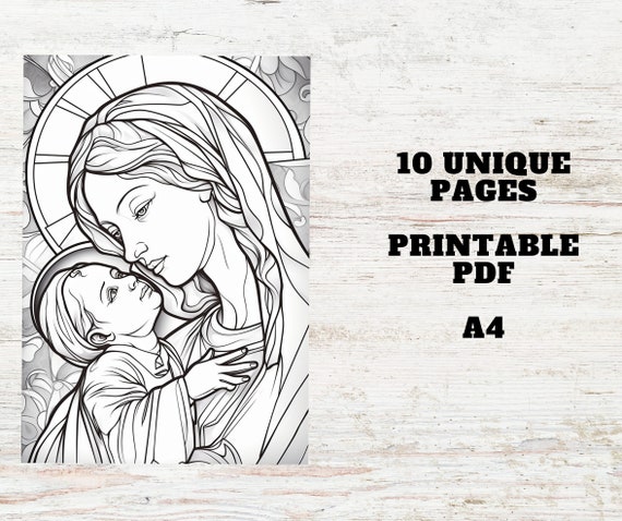 Mother mary coloring pages printable pdf pages a stress relief relaxation christian catholic coloring book