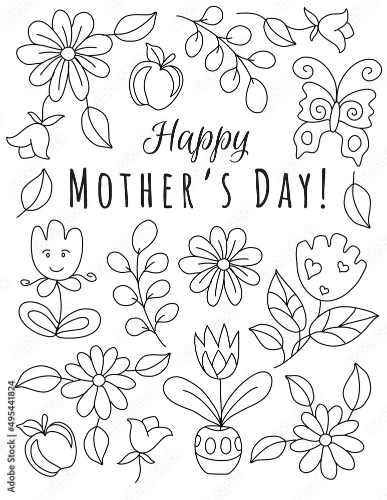 Happy mothers day hand drawn coloring pages for kids and adults beautiful drawings with patterns and details spring coloring book pictures with blooming branches flowers smile stickers quotes vector
