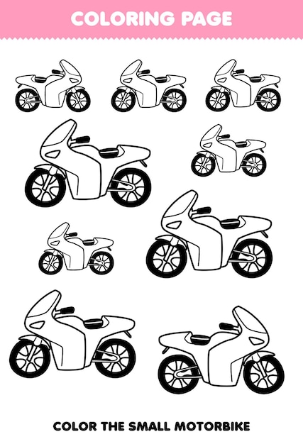 Premium vector education game for children coloring page big or small picture of cute cartoon motorbike transportation line art printable worksheet