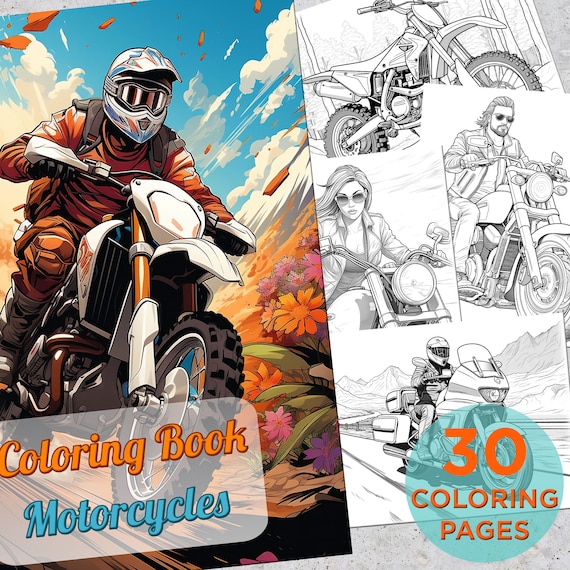 Motorcycle coloring pages bikers and bikes adults printable grayscale coloring book motorbike digital coloring book pages