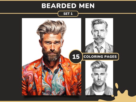 Bearded men coloring pages set grayscale coloring book pdf digital download printable coloring sheets for adults instant download