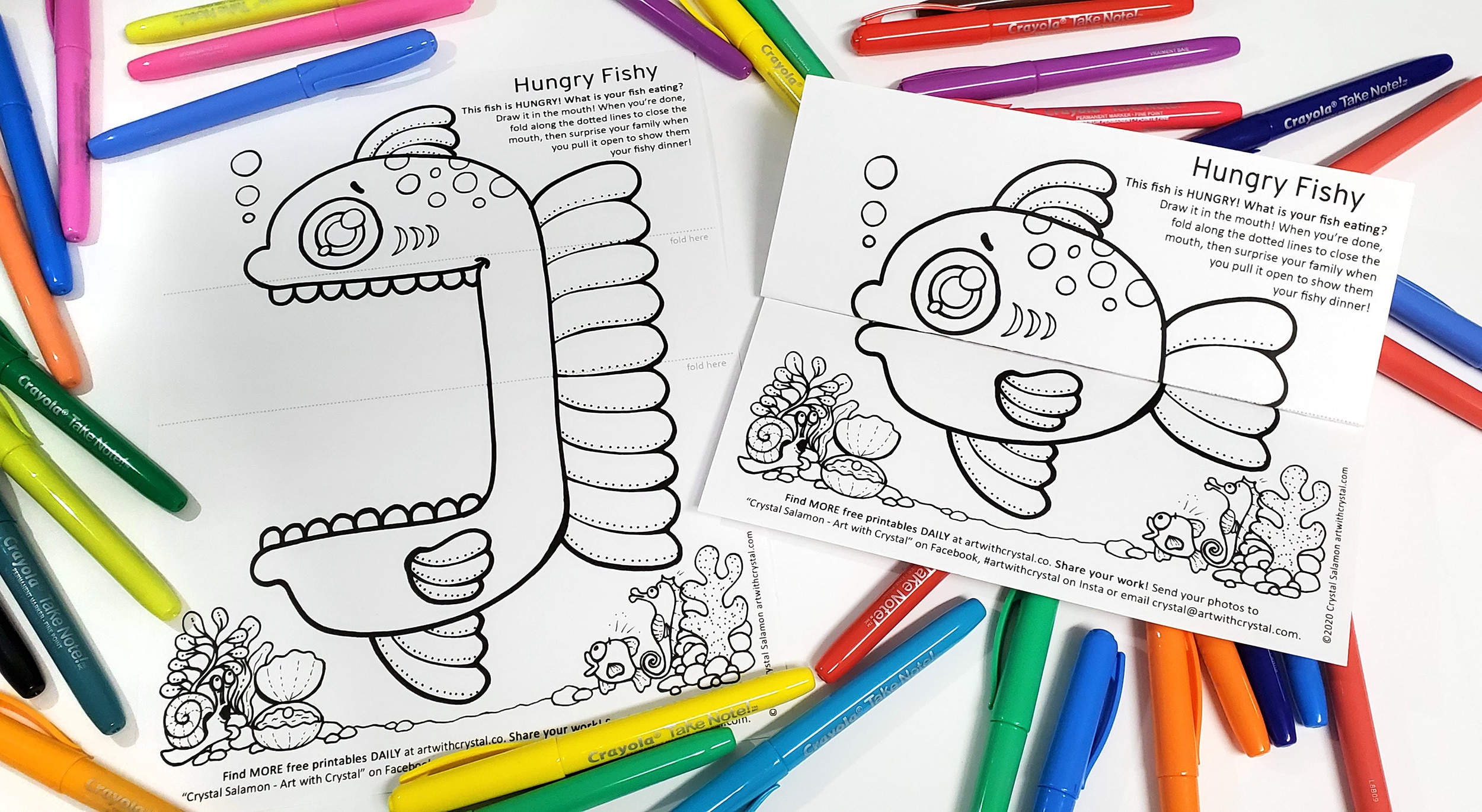 Hungry fish big mouth free printable colouring craft art with crystal