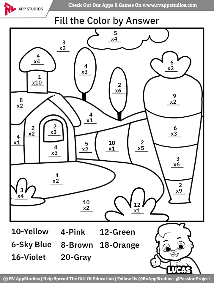 Multiplication worksheet coloring pages for kids