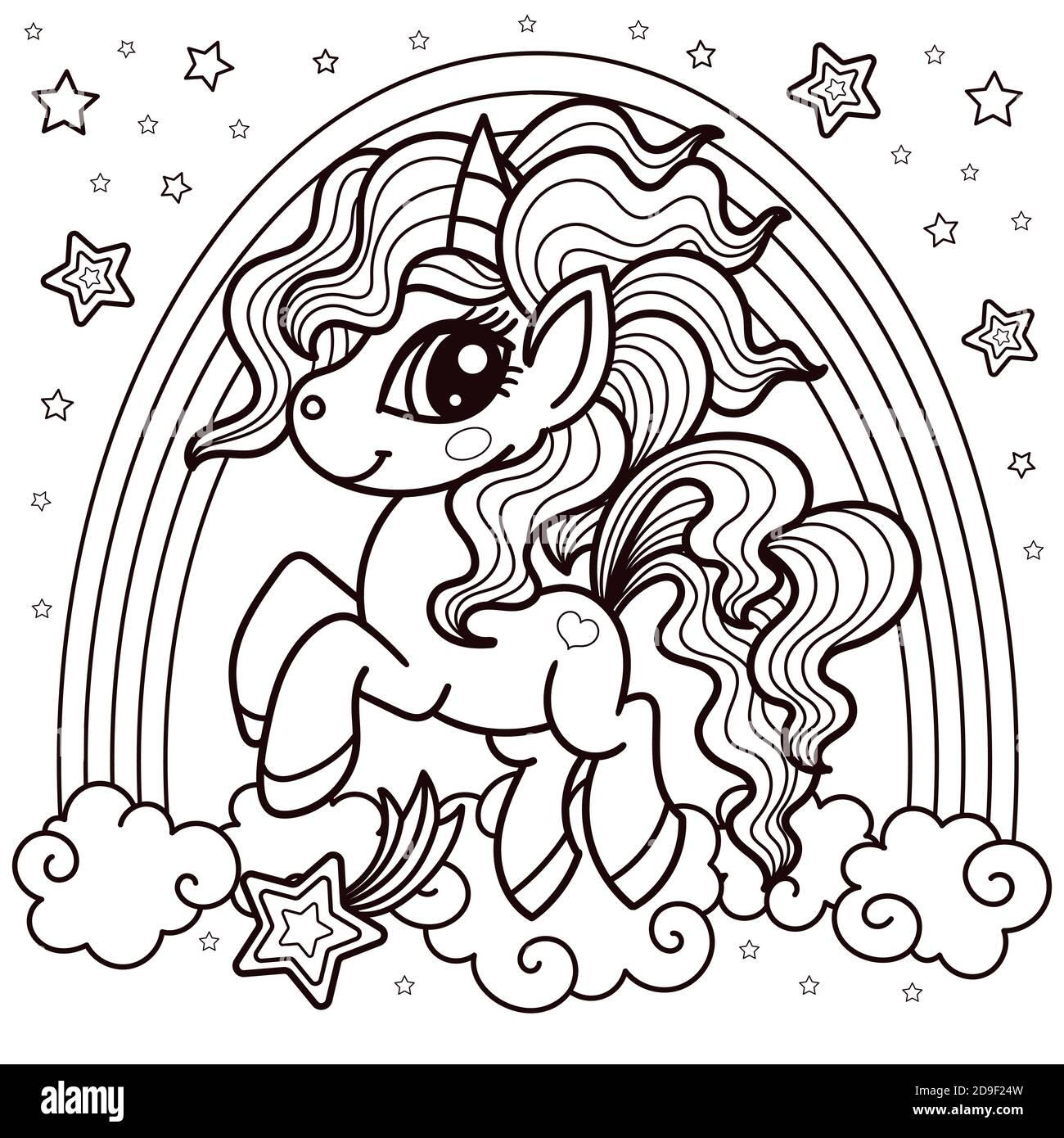 Little unicorn and rainbow black and white image doodle style for childrens design of prints posters coloring books tattoos stickers badges stock vector image art