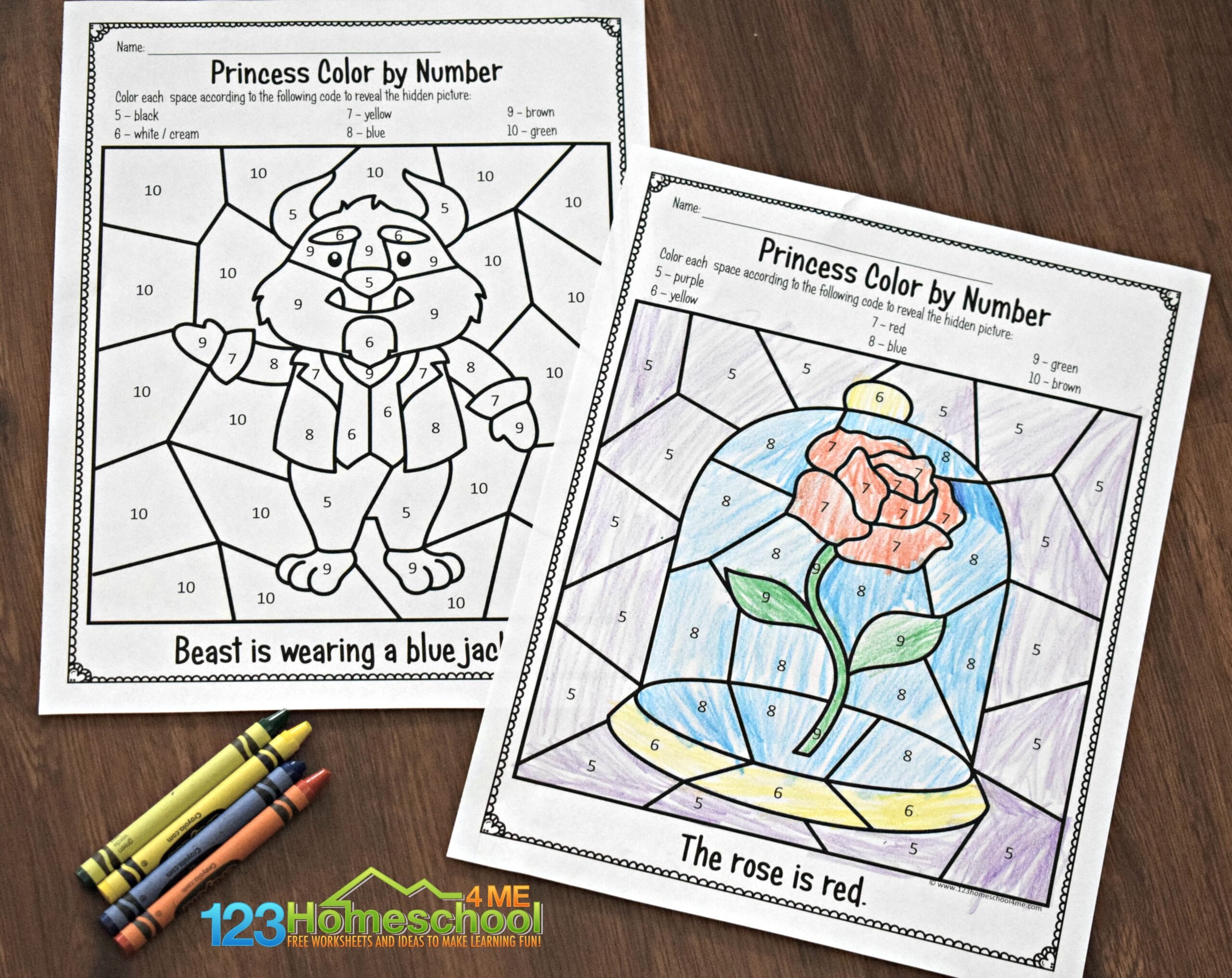 Ð free disney beauty and the beast color by number printable worksheets