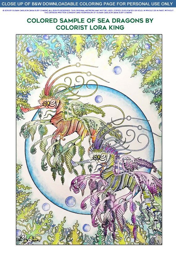 Pdf sea dragons by rubycharmcolors instant downloadable printable adult coloring page sea dragon ocean life sea creature sea horse