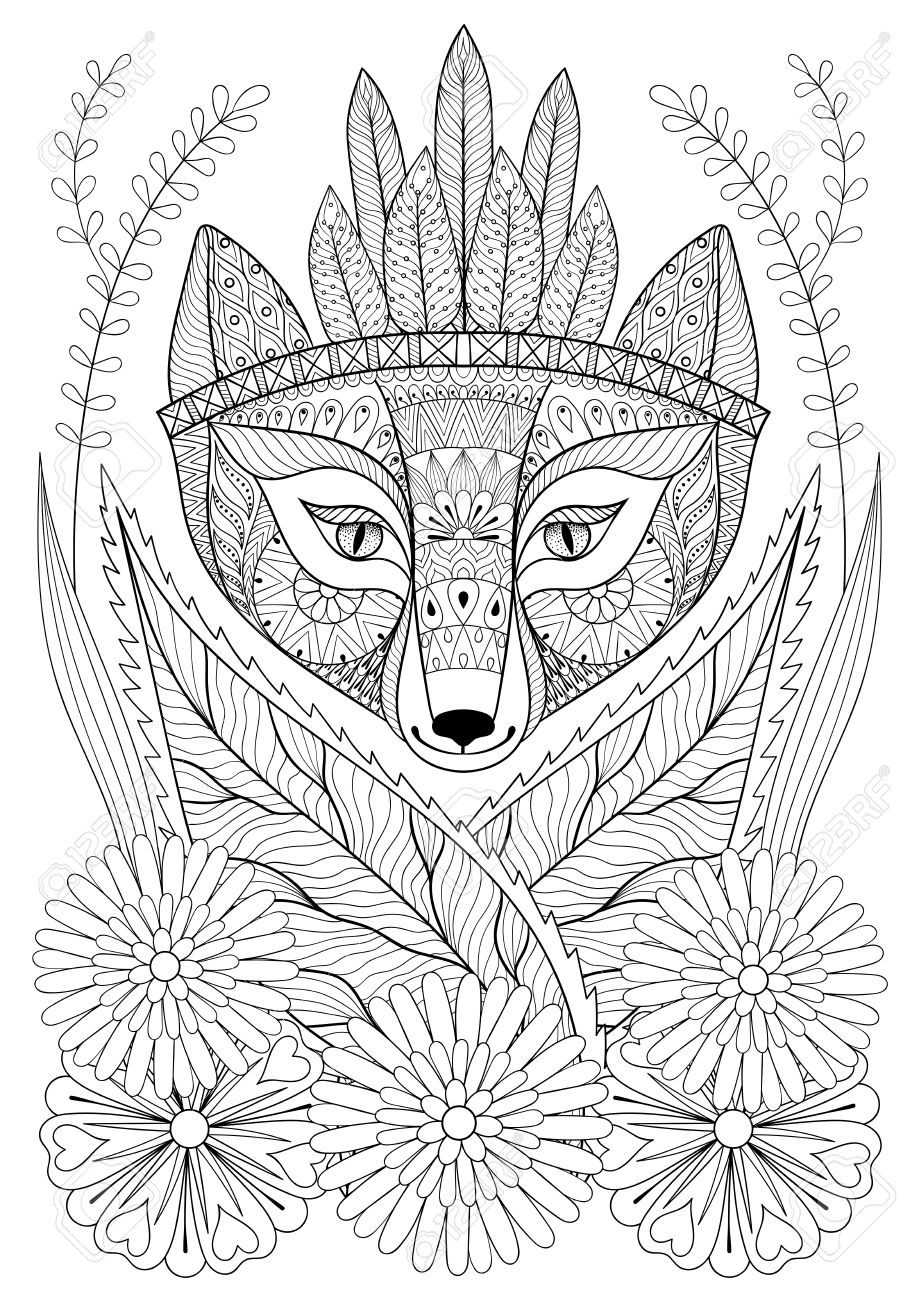 Wild fox with indian war bonnet in grass and flowers hand drawn ethnic free animal for adult coloring pages boho t