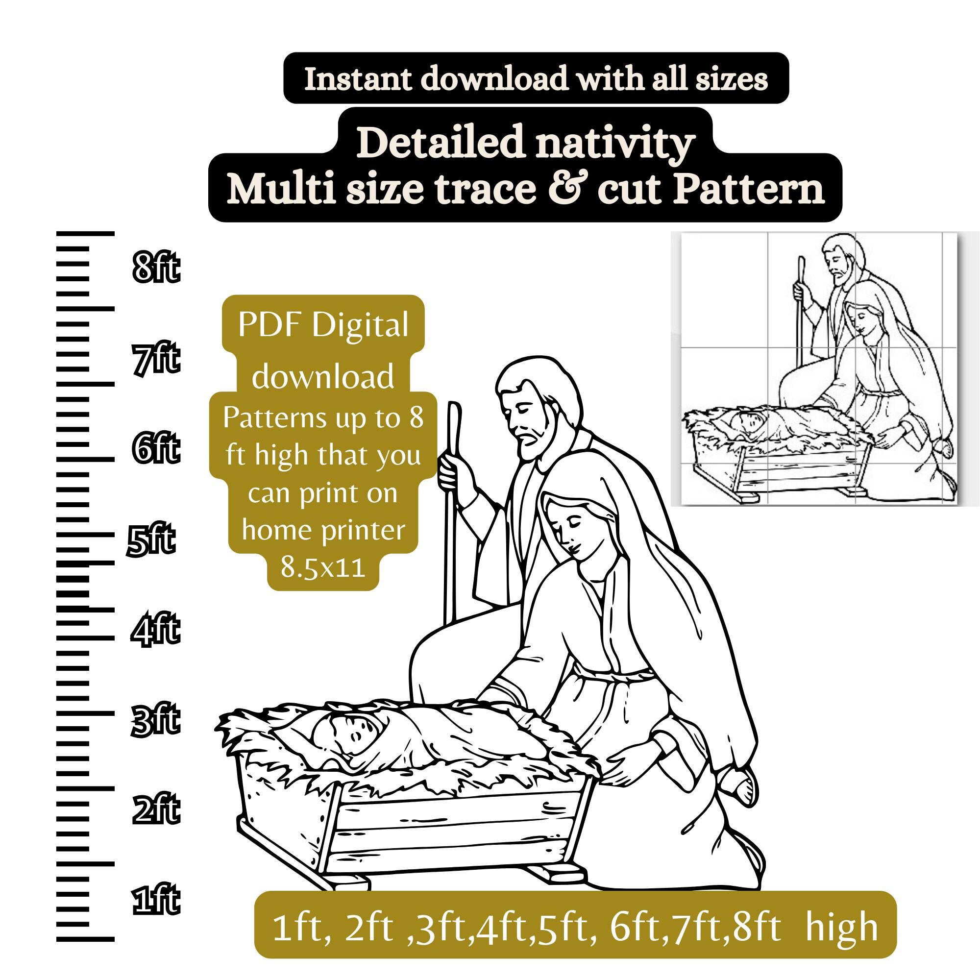 Nativity silhouette mary baby jesus joseph pattern pdf template printable trace and cut christmas template stencils full size yard art instant download
