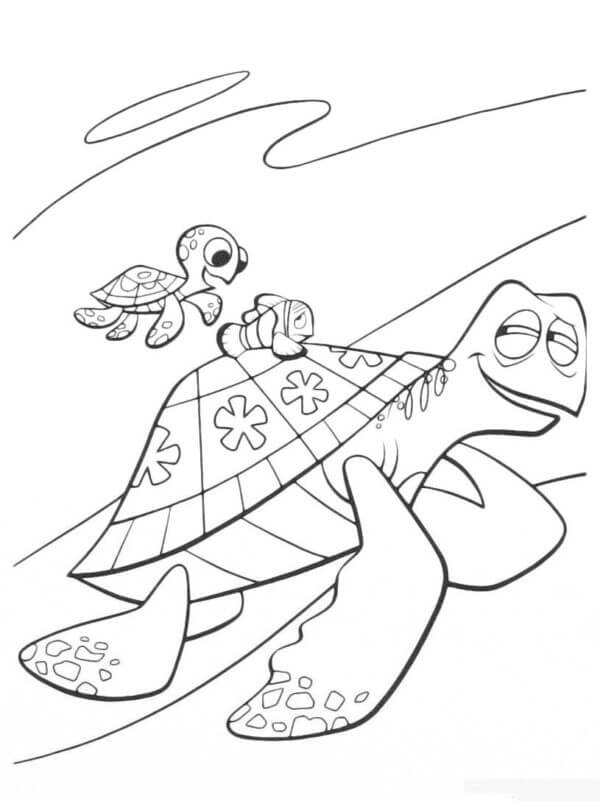 Nemo riding turtle coloring page