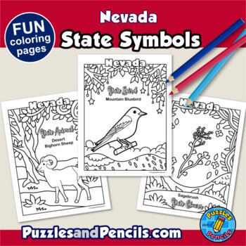 Nevada symbols coloring pages with map and state flag state symbols