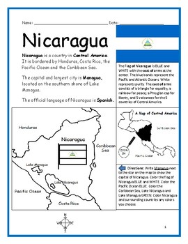 Introduce nicaragua printable map activity and reading prehension questions