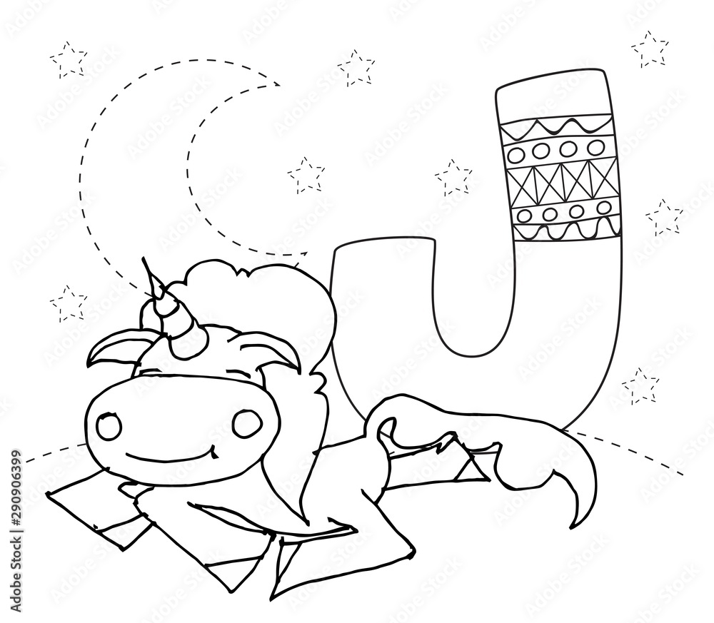 Letter j and funny cartoon unicorn animals alphabet a