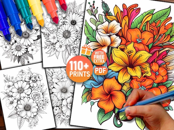 Flower coloring book pages floral coloring page stress relief printable pdf adult and kids grayscale sheets instant download art